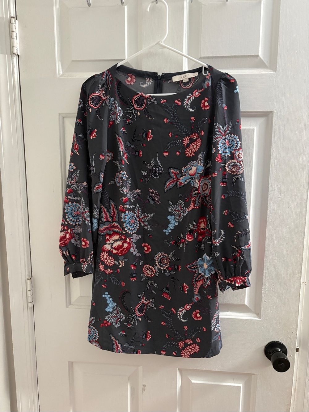 LOFT Dark Gray Floral Mini Dress with Red & Blue Blooms